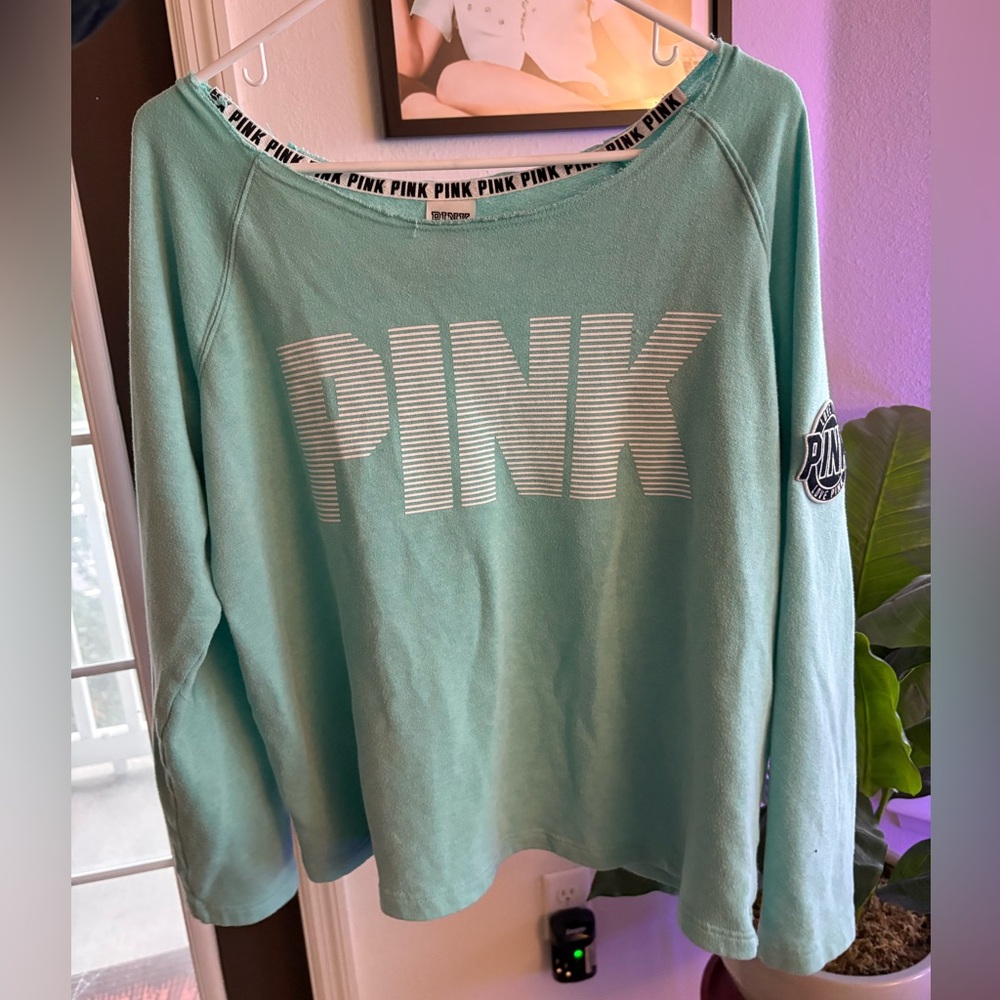 Victoria's Secret Pink Everyday Lounge Mint Off The Shoulder Crewneck